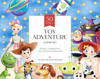 Toy Adventure Clipart Bundle, Cowboy Space Characters PNG, Kids Party Graphics (Digital Download)