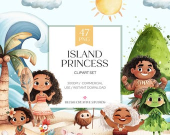 May include: A digital clipart set titled "Island Princess" featuring watercolor illustrations of island-themed characters, including a princess, a pig, a rooster, and a coconut. The image includes the text "47 PNG" and "Blush Creative Studios".