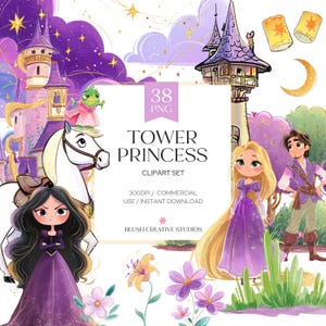 Fairytale Tower Princess Clipart, Long Hair PNG, Tangled Storybook Castle, Birthday Decor (Digital Download)