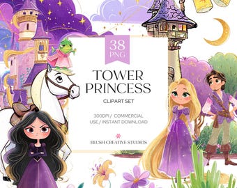 Fairytale Tower Princess Clipart, Long Hair PNG, Tangled Storybook Castle, Birthday Decor (Digital Download)