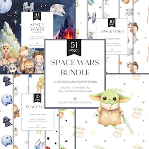 May include: A digital art bundle featuring a "Space Wars" theme, including clipart and seamless patterns. The image showcases various characters and elements from the franchise, with the text "SPACE WARS BUNDLE" and "CLIPART/SEAMLESS PATTERNS".