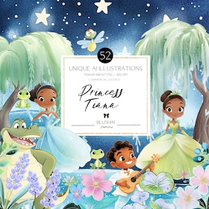 Süße Tiana Clipart, Prinzessin und der Frosch Clipart, Lou, Ray, kommerzielle Nutzung, süße Kinder Kunst, Prinzessin Clipart Aquarell, Instant Download