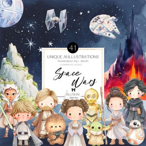 Conjunto de clipart fofo de Guerras Espaciais, clipart com tema espacial, clipart fofo de Jedi, pacote de clipart infantil, download digital, 300 dpi, PNG