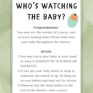 Puede incluir: Una tarjeta verde y blanca con el texto "¿Quién está cuidando al bebé?" e instrucciones para un juego de baby shower. La tarjeta presenta un bebé de dibujos animados envuelto en una manta.