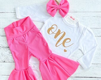 First Birthday Outfit Girl, Pink Flare Pants, 1st Birthday Shirt, Smash Cake Outfit, Granddaughter Gift