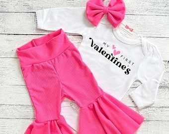 My First Valentines Day Outfit Girl, Baby Girl Valentines Flare Pants, Newborn Outfit, Granddaughter Gift