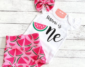 Watermelon 1st Birthday Outfit, First Birthday Bummies, Birthday Shirt and Bloomer Outfit, Smash Cake Outfit