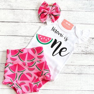 Watermelon 1st Birthday Outfit, First Birthday Bummies, Birthday Shirt and Bloomer Outfit, Smash Cake Outfit