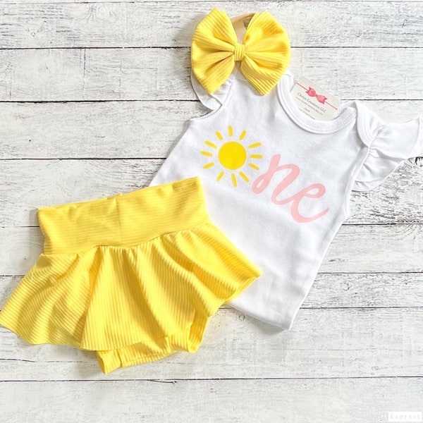 Sunshine 1st Birthday Outfit, First Birthday Skirt Set, Sun Birthday Shirt, Smash Cake Outfit Girl