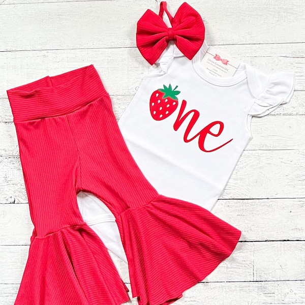 Strawberry 1st Birthday Outfit, First Birthday Flare Pants, Smash Cake Outfit, Trendy First Birthday Outfit Girl