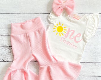 Baby Girl First Birthday Outfit, Sunshine Birthday Party, 1st Birthday Pink Flare Pant Outfit, Smash Cake Outfit