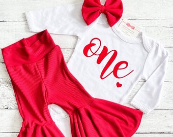 Valentines First Birthday Outfit, Red Flare Pants, 1st Birthday Girl Outfit, Smash Cake Outfit, Niece Aunt Gift