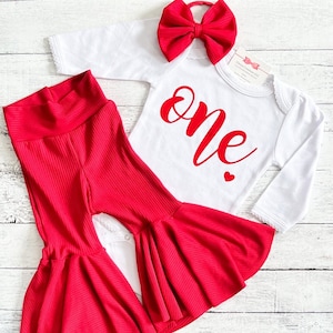 Valentines First Birthday Outfit, Red Flare Pants, 1st Birthday Girl Outfit, Smash Cake Outfit, Niece Aunt Gift