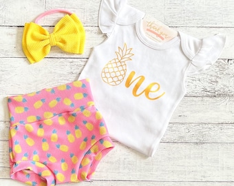 Pineapple First Birthday Outfit Girl, Tropical 1st birthday Bummies, Sweet One Smash Cake Outfit