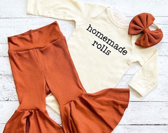 Homemade Rolls Thanksgiving Fall Outfit Baby Girl, Fall Flare Bell Bottoms, Pumpkin Patch Outfit, Niece Aunt Gift