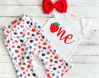 Berry First Birthday Outfit, Strawberry 1st Birthday Shirt, Smash Cake Outfit, Baby Girl Bell Bottoms