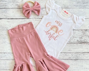 Miss Onederful First Birthday Outfit Girl, Mauve Flare Pant 1st Birthday Outfit, Boho Birthday Cake Smash Outfit, Niece Aunt Gift