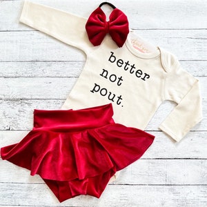 Better Not Pout. Christmas Outfit Baby Girl, Velvet Red Skirted Bummie, First Christmas Dress, Niece Aunt Gift, Santa Photo Outfit
