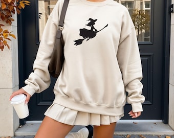 Minimalist Witch Silhouette Halloween Sweatshirt Women, Oversized Gildan Crewneck, Modern Spooky Season Pullover