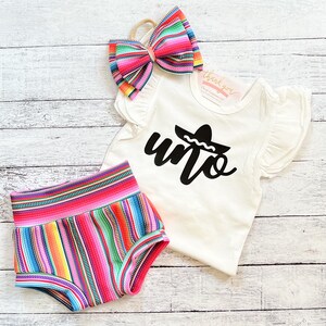 Baby Girl Uno First Birthday Outfit, Serape High Waisted Bloomer Outfit, Mexican Birthday Bummies, Baby Girl Gift image 6