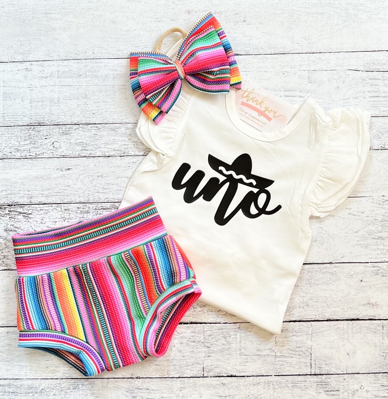 Baby Girl Uno First Birthday Outfit, Serape High Waisted Bloomer Outfit, Mexican Birthday Bummies, Baby Girl Gift image 6