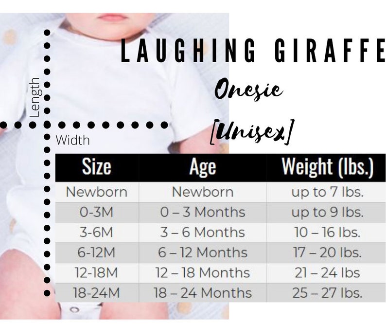 May include: Size chart for a unisex onesie with a laughing giraffe design. The chart shows sizes from newborn to 18-24 months, corresponding ages, and weight ranges in pounds.