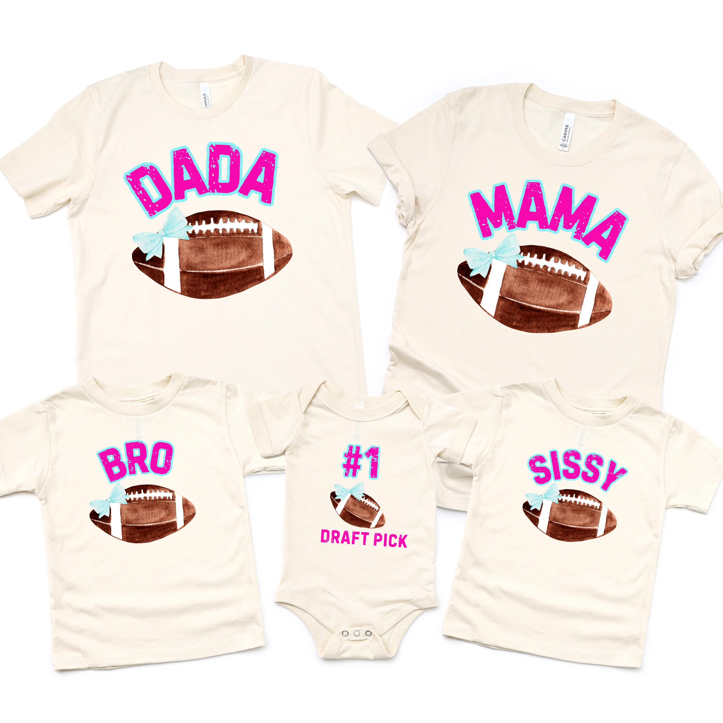 Football First Birthday Girl Shirt and Matching Family Tees – #1 Draft Pick Football Theme Birthday Outfit