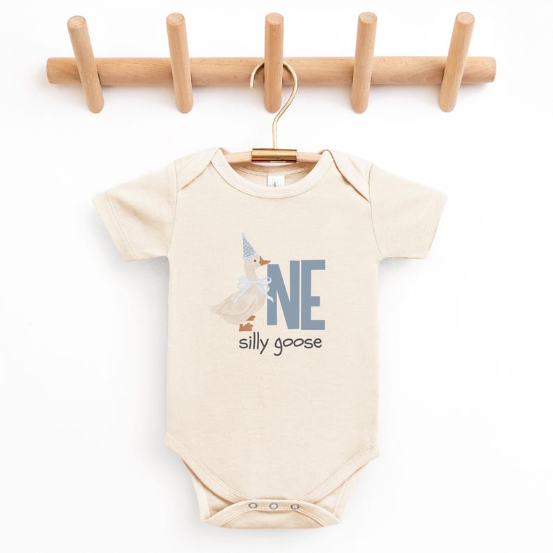 May include: A cream-colored baby onesie with a whimsical goose graphic wearing a party hat and bow. The word "ONE" is in blue block letters, with "silly goose" below. The onesie hangs on a wooden hanger.