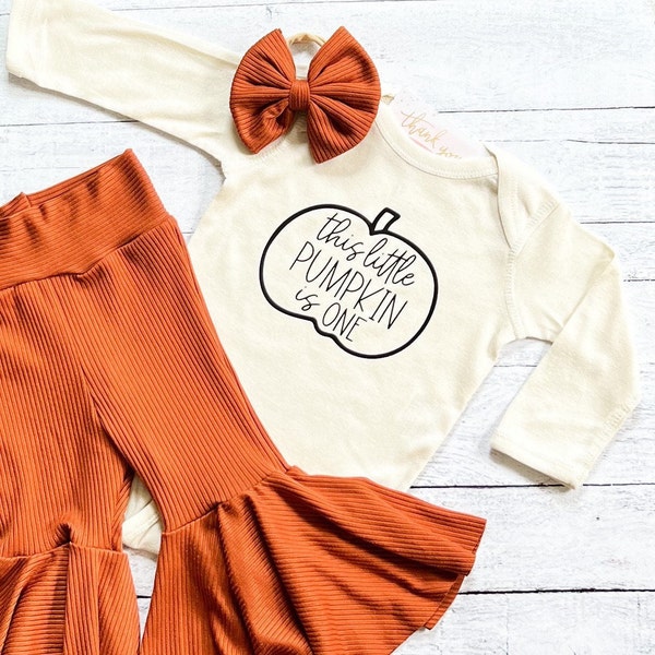 Pumpkin First Birthday Girl Outfit, Baby Girl Flare Bell Bottoms, 1st Birthday Girl Shirt, Fall Birthday Outfit
