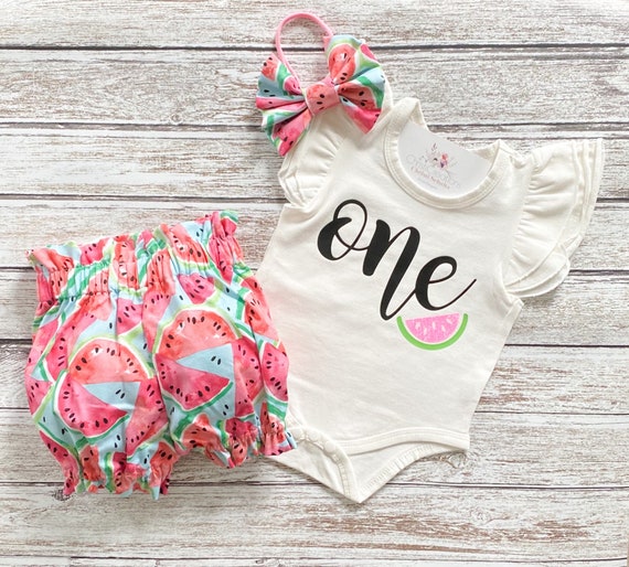 1 st Birthday Outfit Baby Girl Clothing-Summer tank top Watermelon First birthday White Tank top with Watermelon Striped Bloomers set