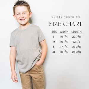 May include: Unisex youth tee size chart with measurements in inches. The chart shows sizes S, M, L, and XL with corresponding width and length measurements.