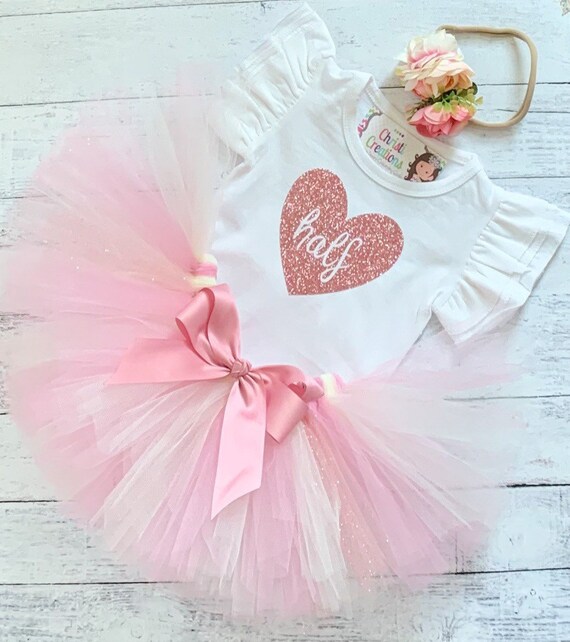 Pink Hearts Rainbow 1//2 Half Birthday Tutu Outfit Custom Size Set 6 months old