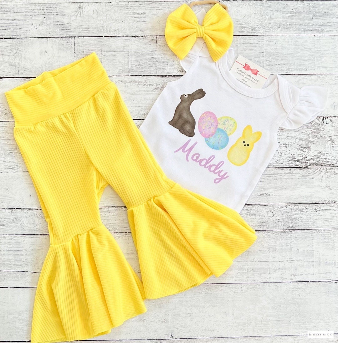 Baby Girl Easter Outfit Yellow Bell Bottoms First Easter Etsy