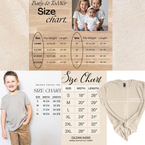 Op de afbeelding: Maattabel voor baby- en peuterkleding, met maten in maanden en pond. Een aparte maattabel voor unisex jeugd-T-shirts wordt weergegeven met maten in inches. De tabel omvat de maten van 3-6 maanden tot 5T en van S tot 3XL.