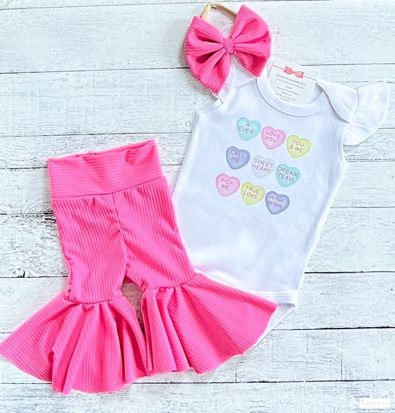 Candy Hearts Valentines Day Outfit, Hot Pink Flare Pants, Baby and Toddler  Girl Valentines Shirt, Granddaughter Gift 