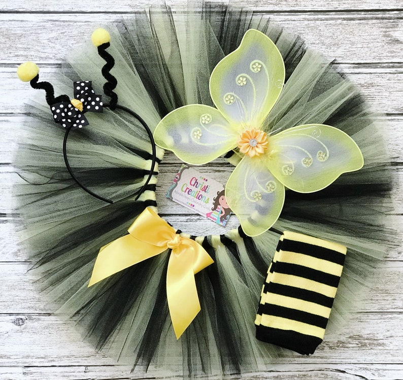 Baby Girl Bumble Bee Costume Antenna Headband and Leg Warmers Baby Girl Halloween Costume Tutu Wings