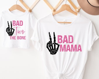 Bad Two The Bone Birthday Matching Family Shirts, 2nd Birthday girl, Skeleton Rock Biker Birthday Party, Mommy and Me Shirts