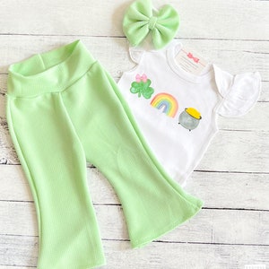 St Patricks Day Outfit Girl, Baby Girl Bell Bottoms, Mint Green St Patricks Day Shirt and Pants, Niece Aunt Gift