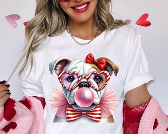Valentinstag Digital Download - Aquarell Englische Bulldogge PNG - Herz Brille und Bubble Art
