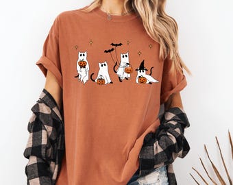 Retro Spooky Season Shirt: Ghost Cat Halloween Tee (Comfort Colors®)