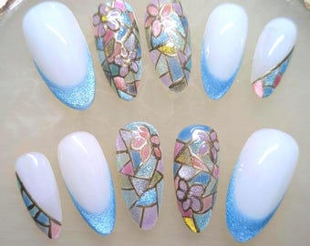 Stained Glass Press On Nails: Blue French Tip Almond Nail Set