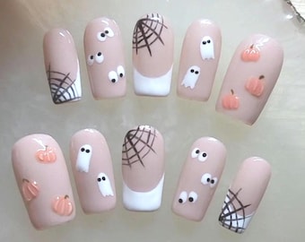 Nails press on acrylic short square Spiderweb Halloween spooky!