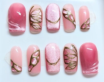 Pink Butterfly dream with Cat eye effect ,Gold outlines and 3D nail art