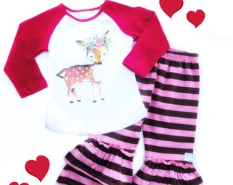 Girls Valentine outfit, Ready to ship, Valentine gifts for girls deer top, Pink stripe ruffle pants, girls deer shirt 12 18 2 3 4 5 6 7 8