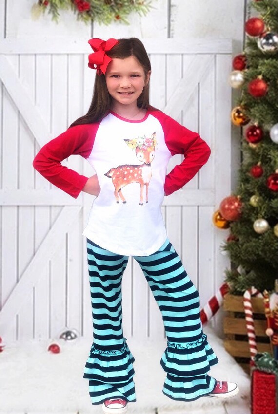 Winter herten outfit meisjes herten top kerst outfit blauwe streep ruches broek winter outfit herten shirt 12 18 2 3 4 5 6 7 8 Etsy Nederland