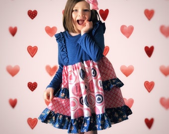 Valentines Day dress, girls Valentine outfit, toddler Valentine's Day dress size 12 18 2 3 4 5 6 7 8 10 12 14 pink aqua heart dress