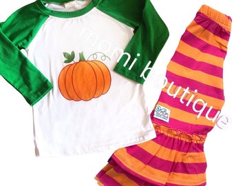 Pumpkin outfit, girls pumpkin top, Thanksgiving outfit, pink orange stripe ruffle pants, Fall outfit, pumpkin shirt Ready to ship