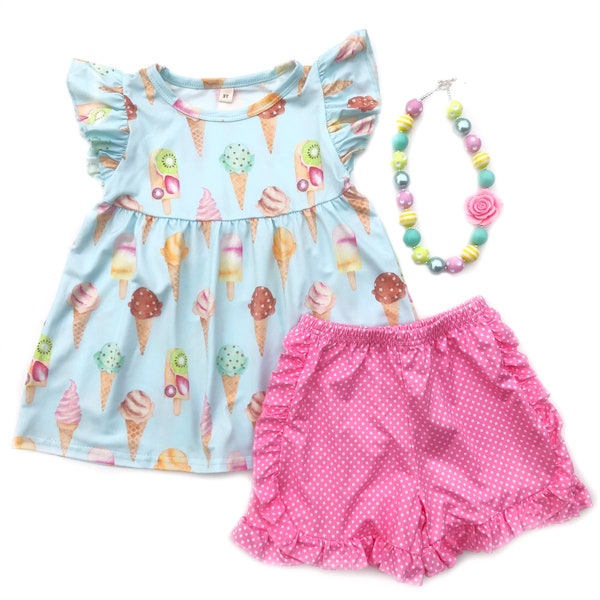 Girls ice cream outfit, toddler aqua ice cream top, girls ruffle shorts set, ice cream outfit, ice cream birthday outfit