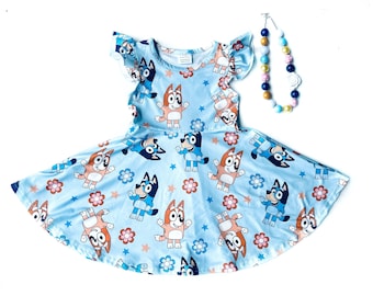 Blue dog dress girls Bluey outfit Bingo Birthday dog dress Birthday Bluey girls dress Bluey gift for girl 12 18 2 3 4 5 6 7 8 10