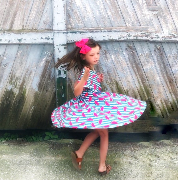 Girls Watermelon Dress, Farm Twirl Dress, Summer Portrait Dress